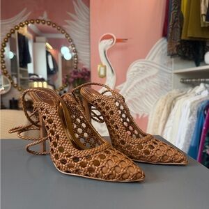 Jennifer Lopez Woven Pointed-Toe Slingback Heels — Brown